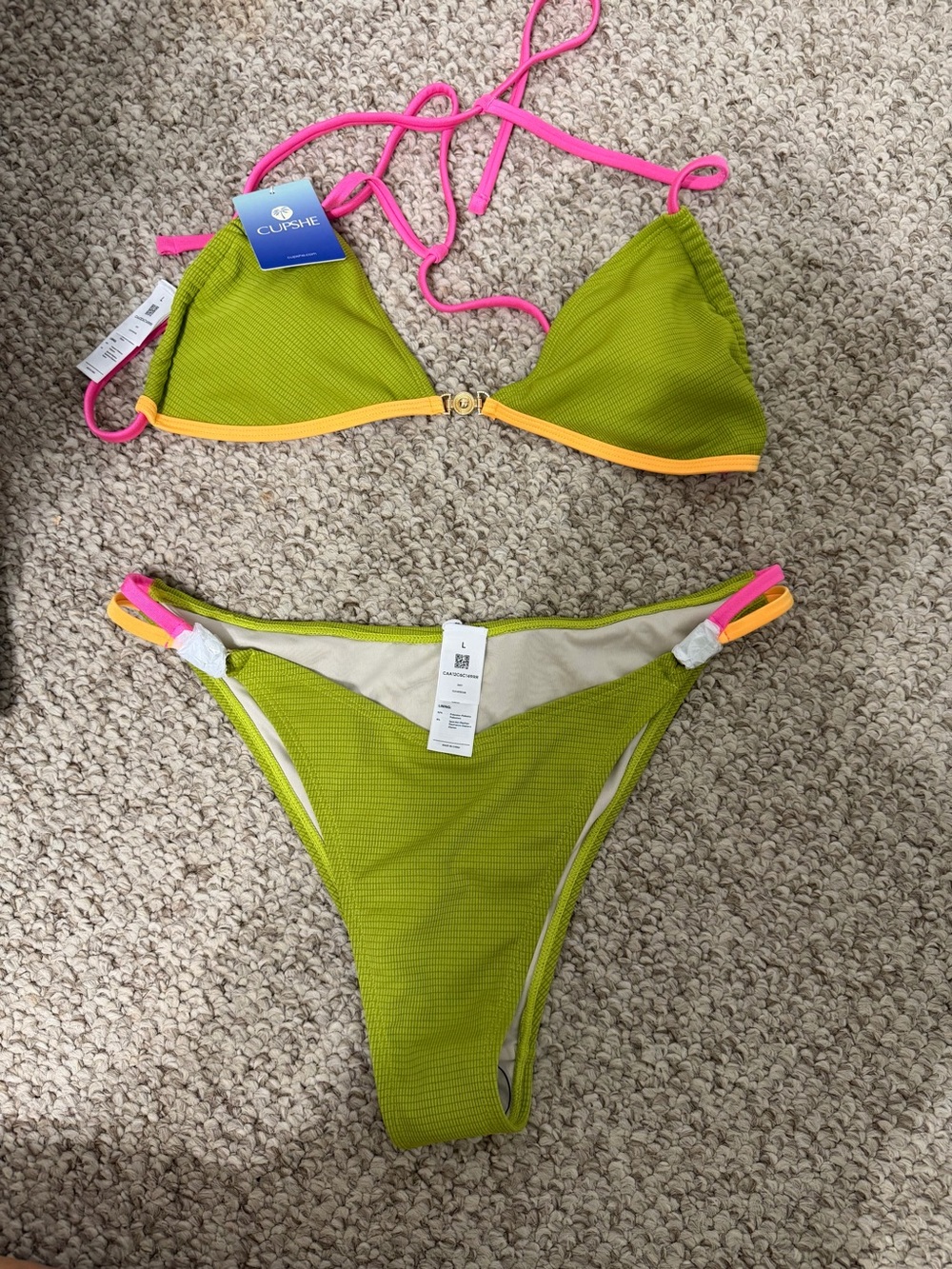 Cupshe Olive Green Triangle Bikini with Pink Straps and Yellow Trim